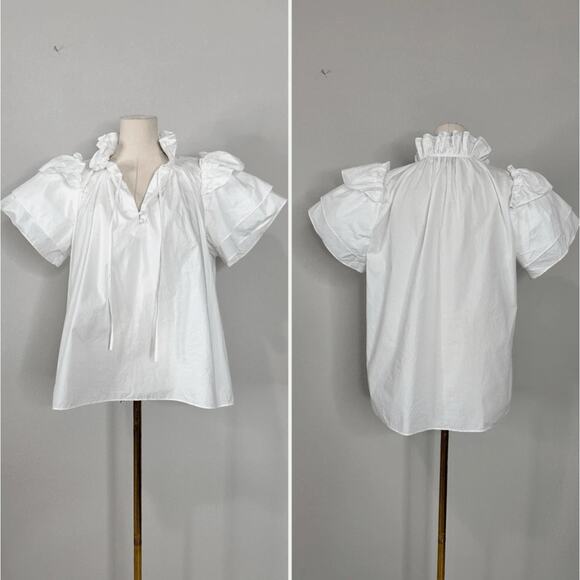 Hunter Belle Millie Med White Puff Sleeves Blouse Top Ruffles Feminine Cottage - Picture 2 of 11